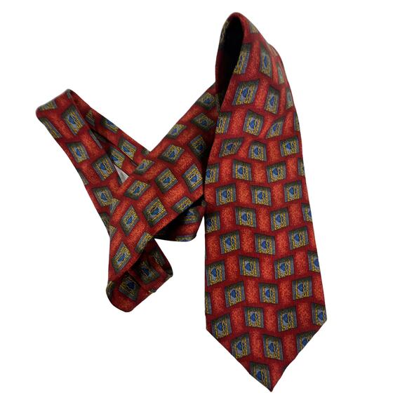 FLS Florsheim Vintage Men's 100% Silk Necktie Geometric Pattern Red Blue Gold - Picture 1 of 12